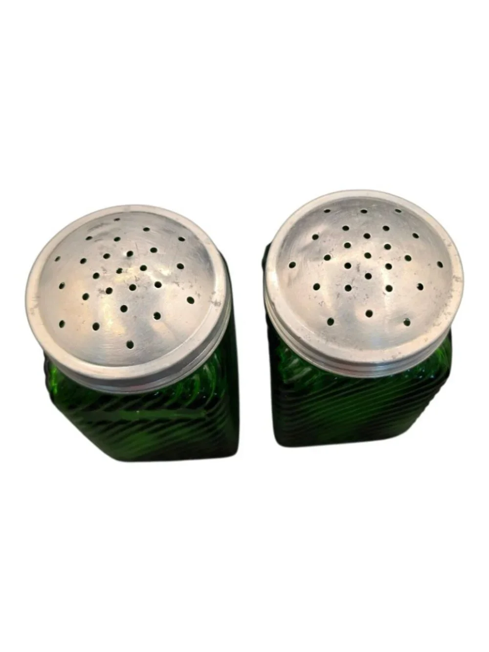 Vintage Owens Illinois Hoosier Green Glass Salt & Pepper Shakers Aluminum Lids